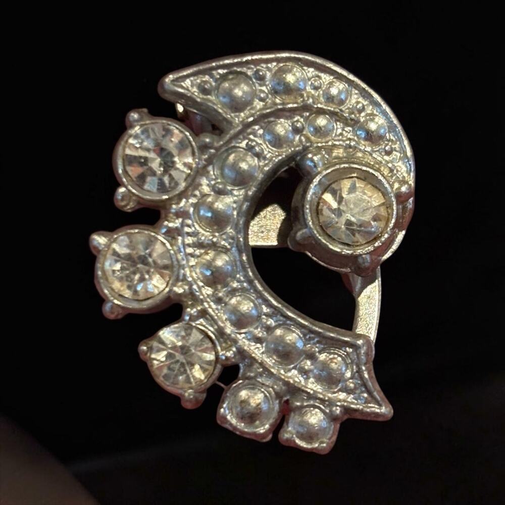 Vintage Art Deco Rhinestone Dress Clip Silver Tone Crescent 1930s